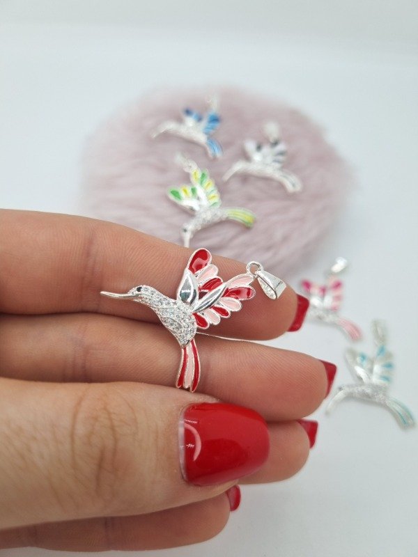 Producto - Dije acero blanco colibrí strass ala esmaltada