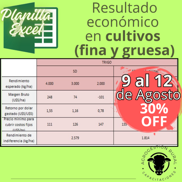 Producto - Planilla Excel de resultado económico en cultivo de fina/gruesa