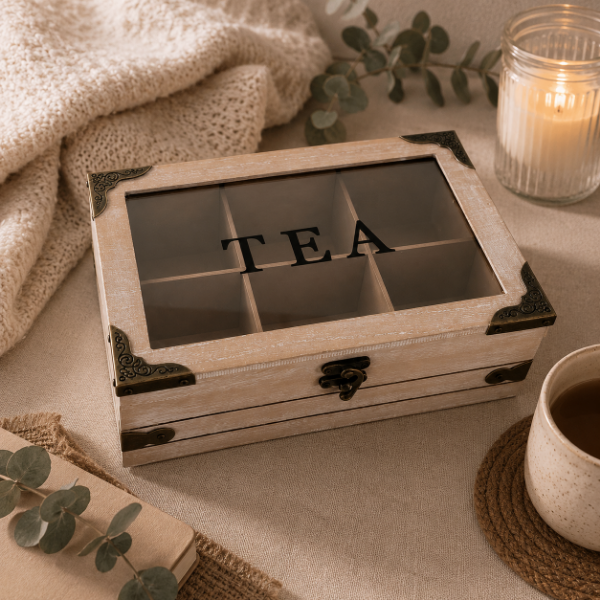 Producto - Caja Organizadora para Té de Madera con Tapa de Vidrio 6 Compartimentos