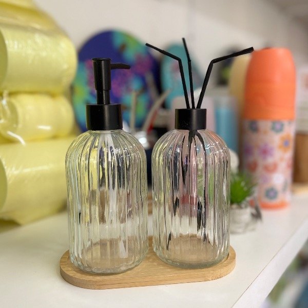 Producto - Dispenser + Botella Difusora Vidrio + Bandeja Bamboo 7419