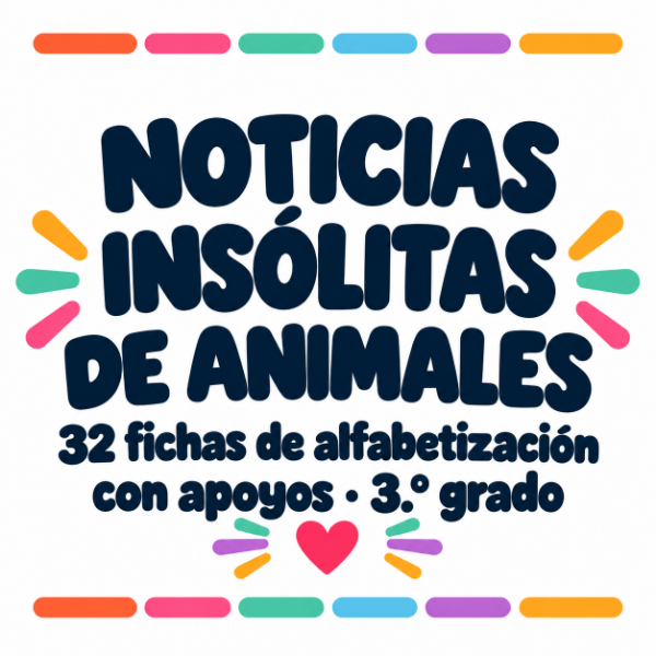 Producto - Noticias insólitas de animales - 32 fichas de alfabetización con apoyos