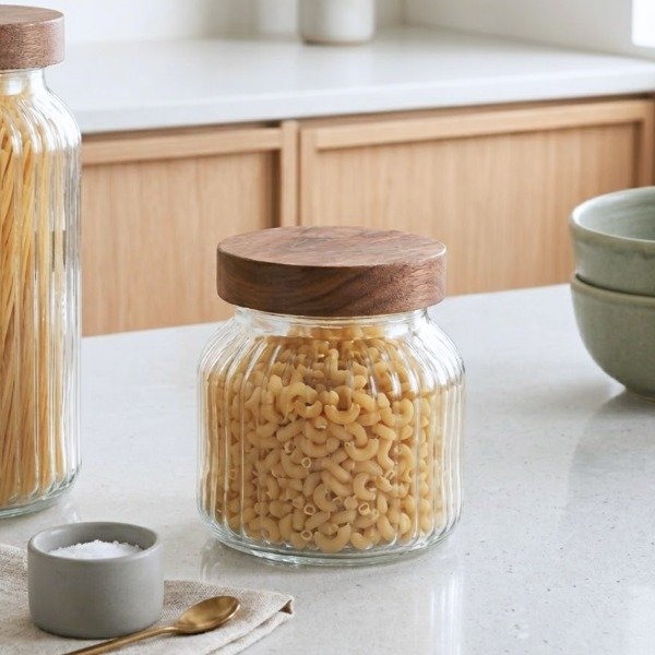 Producto - Frasco Vidrio Rayas con Tapa Madera Chico