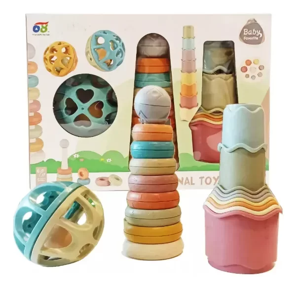 Producto - Baby Set 3 EN 1: TORRE APILABLE, ENCASTRABLE Y PELOTA SONAJERA