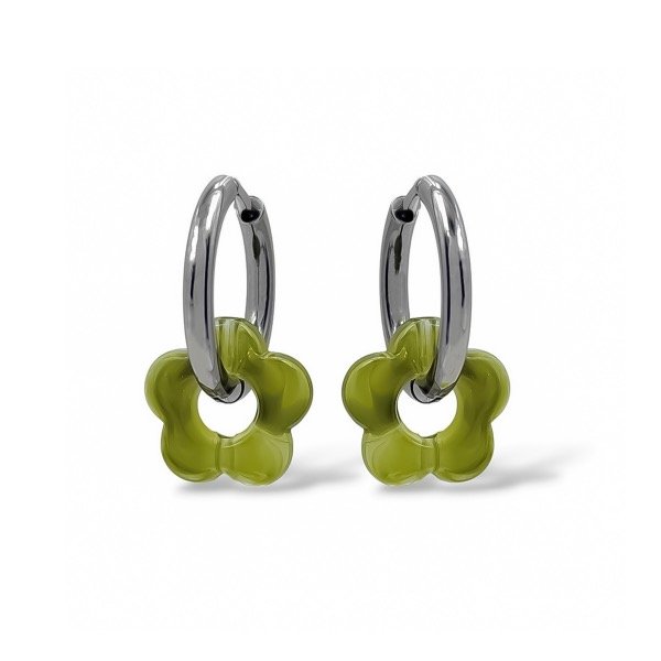 Producto - Argollas de acero quirúrgico con dije flor - Verde musgo