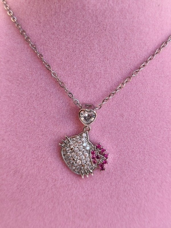 Producto - Collar Kitty corona rosa + aritos plateado - 2