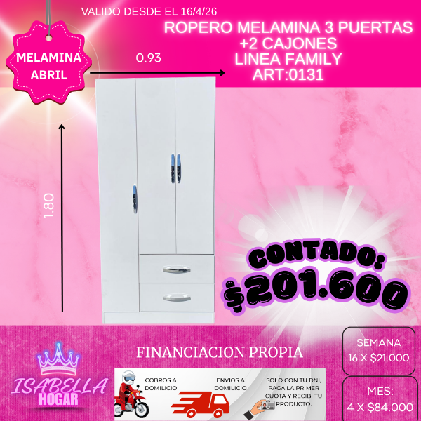 Producto - ROPERO MELAMINA 3 PUERTAS + 2 CAJONES LINEA FAMILY