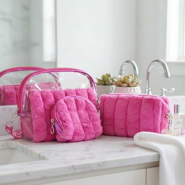 Producto - SET DE 3 NECESER PORTA COSMETICOS TRANSPARENTE Y PELUCHE 18X24 - 2