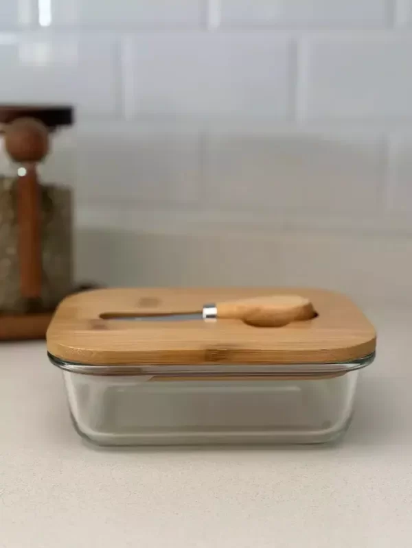 Producto - MANTEQUERA DE VIDRIO HERMÉTICA TAPA DE BAMBU + UNTADOR