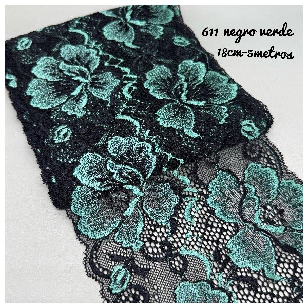 Producto - 611- Puntilla Elastizada Negro Verde 18cm - 5 metros