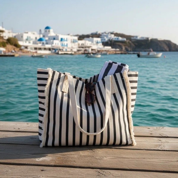 Producto - Bolso Cartera Tote Mykonos playa verano rayas amplio flecos