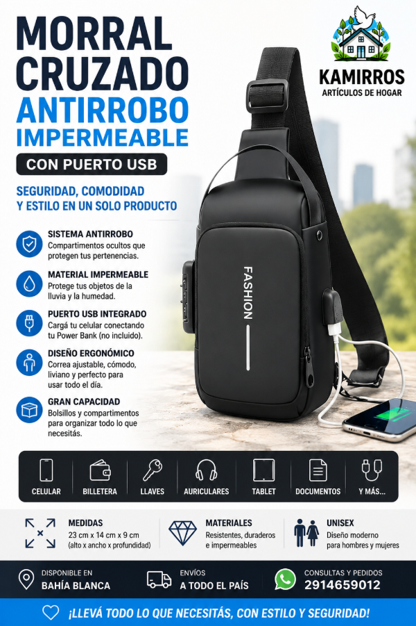 Producto - Morral Cruzado Antirrobo Impermeable con Puerto USB