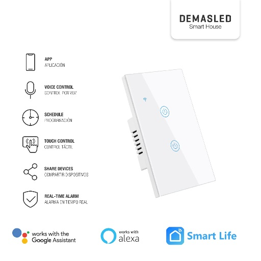 Producto - Tecla Smart de Pared Táctil 2 Canales 600W Blanco -Demasled (domo-46bl)
