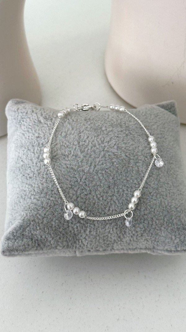 Producto - Pulsera perlas y dije cubic ACERO BLANCO