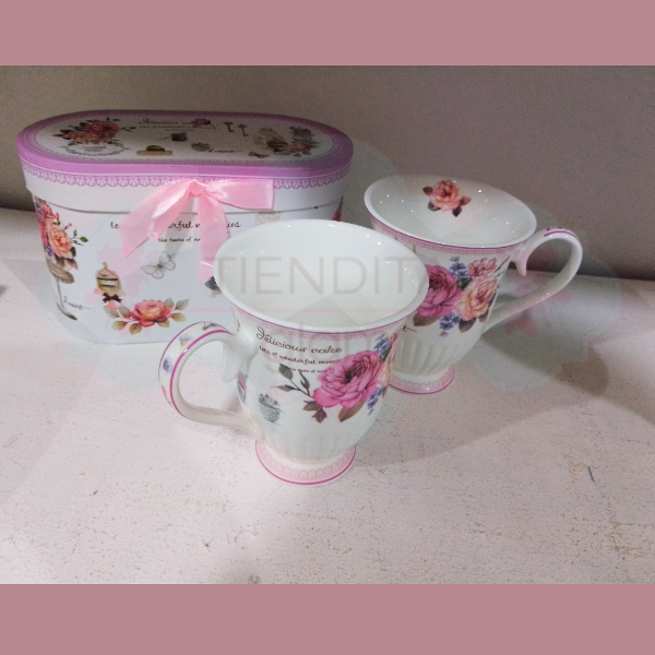 Producto - SET X 2 TAZAS DE PORCELANA VINTAGE ROSA CON CAJA - 3