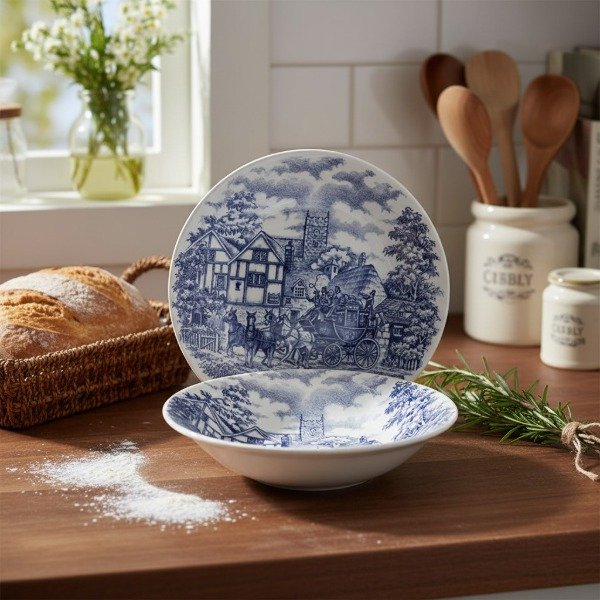 Producto - SET DE 4 PLATOS HONDOS CENA INGLESA AZUL DE CERAMICA 22CM