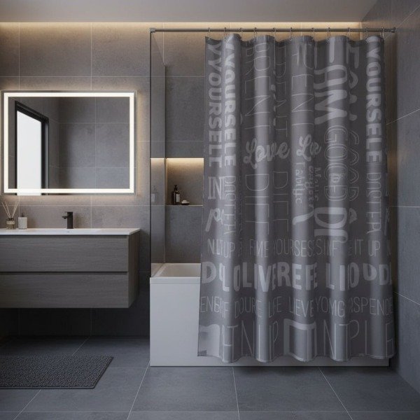 Producto - CORTINA GRIS PARA BAÑO - PREMIUM "LETRAS POSITIVE/SMILE" BLANCAS (+ ganchos)