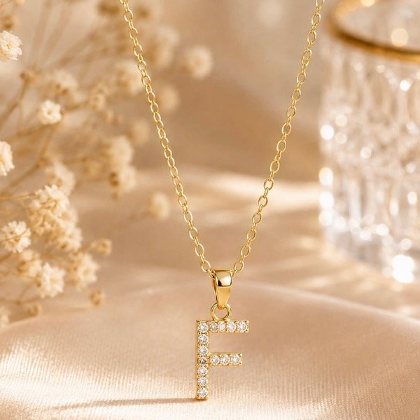 Producto - Collar Inicial F con cubic en Plata 925 Dorado