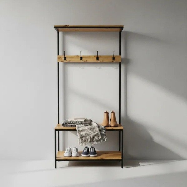 Producto - 3 en 1 Perchero-zapatero-recibidor Hierro y madera