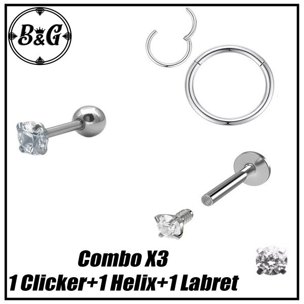Producto - 1 Clicker 8mm +1 Helix Zircon 4mm + Labret Zircon 8mm (COMBO X3)