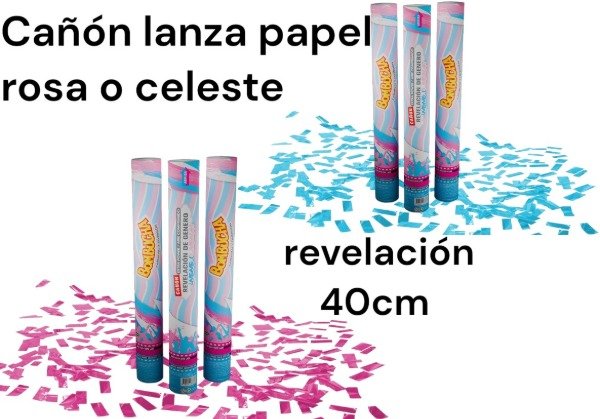 Producto - Cañón lanza papel celeste o rosa revelación de genero 40 cm bombucha