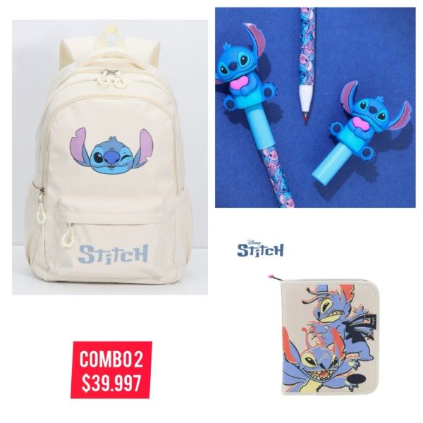 Producto - COMBO 2 . MOCHILA STITCH , CARPETA STITCH YROLLERS BORRABLES CAJITA STITCH