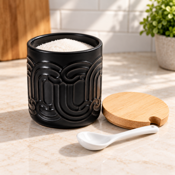 Producto - AZUCARERA DE PORCELANA CON CUCHARA Y TAPA DE BAMBU 10X8 - 0
