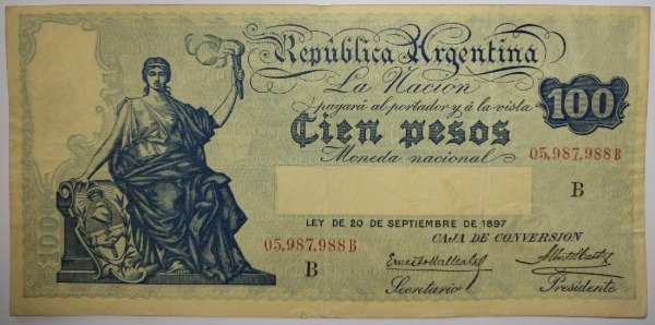 Producto - Billete argentina caja de conversión 100pesos año 1930 B1689 Col 390f p#247b XF - 0