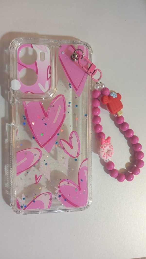Producto - Funda Transparente Diseño Con Glitter y Cadena Corazon para Moto G06