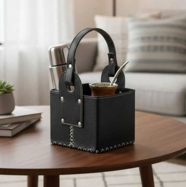 Producto - Canasta Matera Con Division Cuero Vacuno Negro