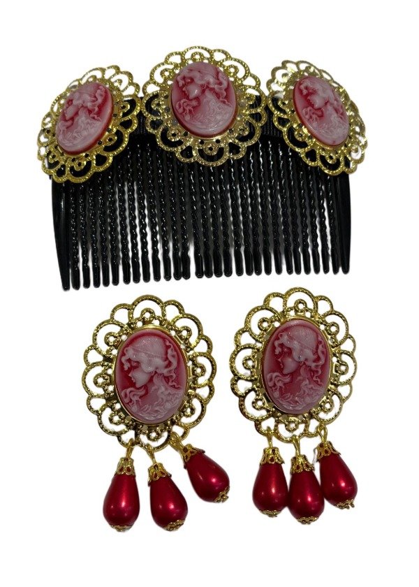 Producto - Conjunto Camafeo rojo (Peineta + Aros)