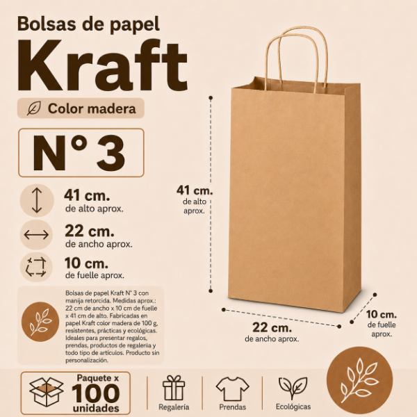 Producto - BOLSA KRAFT N 3 CON MANIJA 22 x 10 x 41 CM X 100 uds