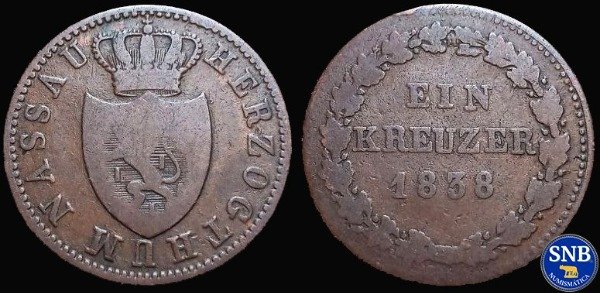 Producto - Ducado de Nassau - 1 Kreuzer (1838) KM #51 - Confederación Germánica