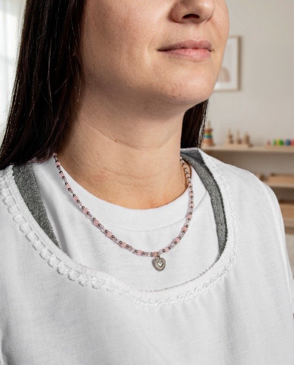 Producto - Collar Acero Sagrado Corazón Cuarzo Rosa y Cristales Solange - 1