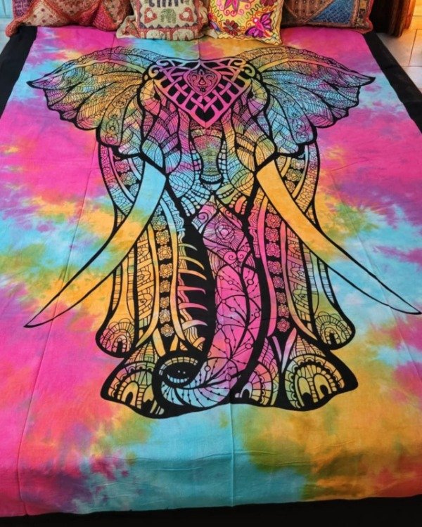 Producto - Manta Hindú de 1 Plaza y Media Algodón Puro Elefante Gigante Verde