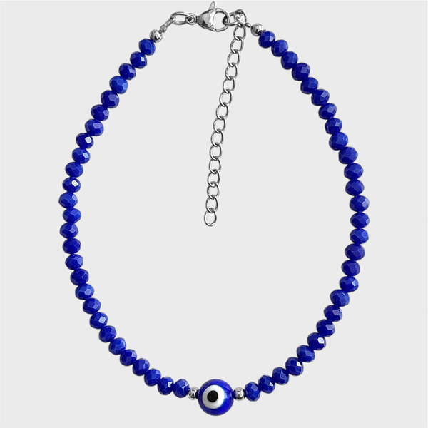 Producto - Tobillera de cristal checo y acero quirúrgico - Azul con ojito - 4mm