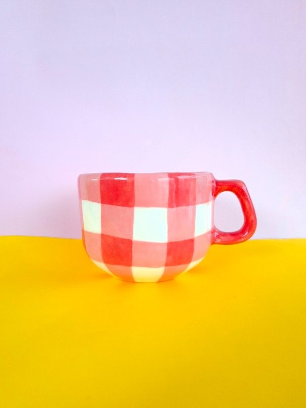 Producto - Taza retro Cuadrillé Rosa, rojo y blanco