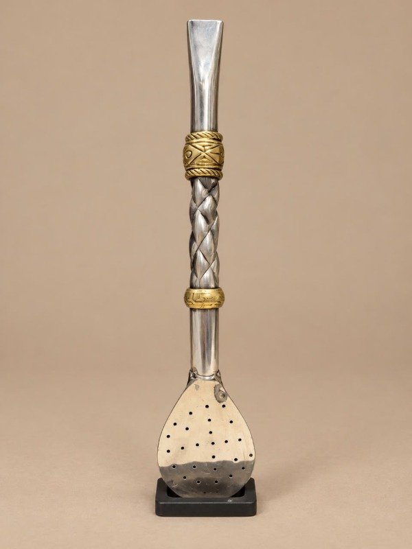 Producto - Bombilla de alpaca 17cm con dos dijes de bronce - 0