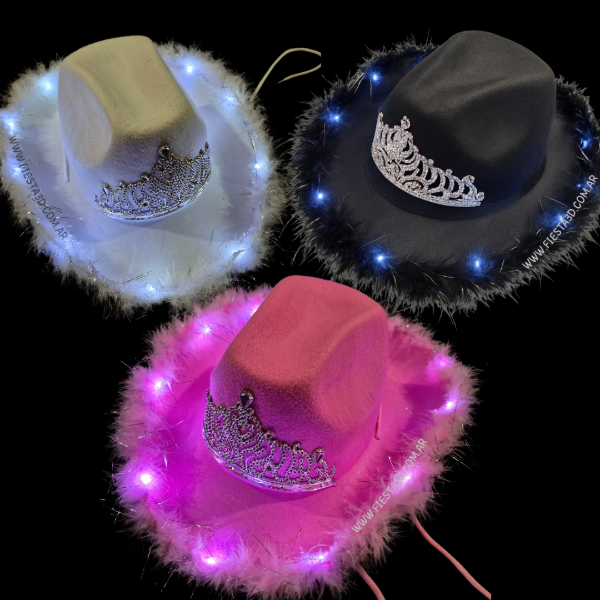 Producto - Sombrero vaquera LED con corona y plumas x1