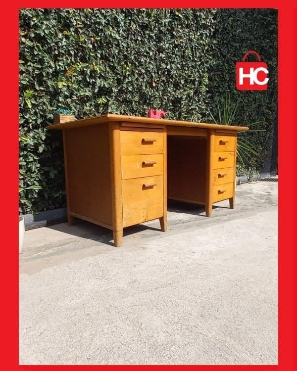 Producto - Gran escritorio de oficina vintage en madera con doble cajonera - 2