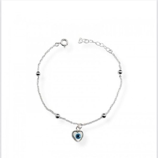 Producto - Pulsera  con bolitas y Dije corazón Ojo Turco Plata-925