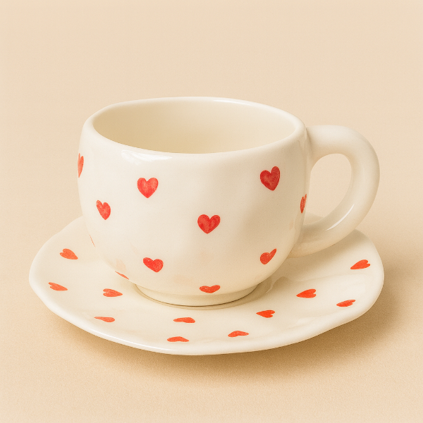 Producto - Taza de Cerámica con Plato Diseño Corazones Rojos
