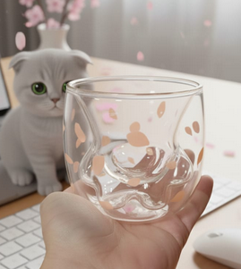 Producto - VASO DOBLE VIDRIO DE PATITA DE GATO CON PÉTALOS DE SAKURA