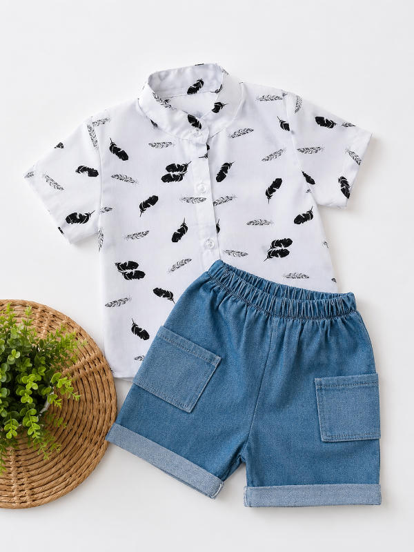 Producto - CONJUNTO ERIC HOJAS BLANCO (CAMISA + SHORT)