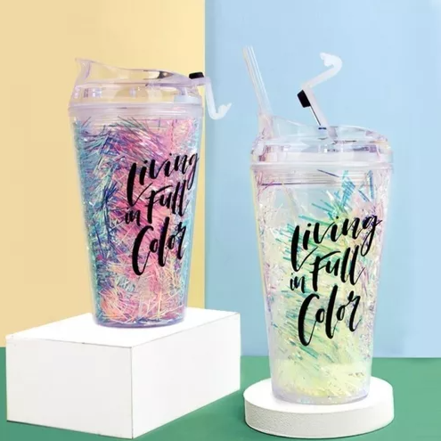 Producto - Vaso Acrílico Frases Moda Brillo Tapa y sorbete Colores 450ml