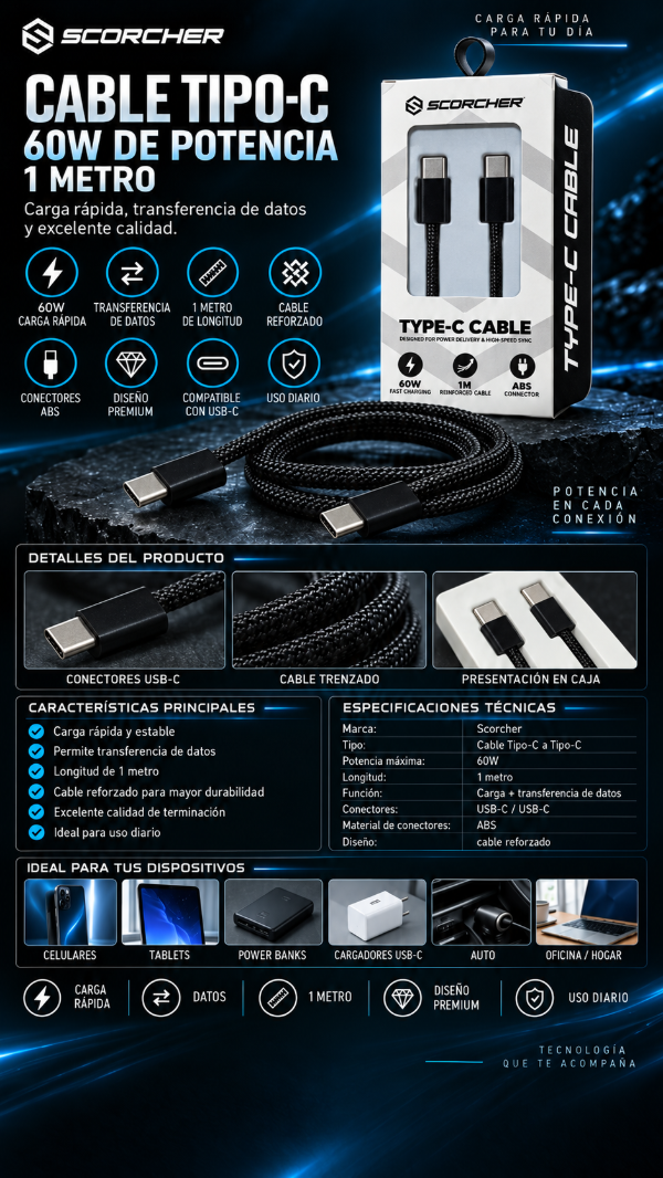 Producto - Cable Scorcher Tipo-C A Tipo-C 60W 1 Metro - 0
