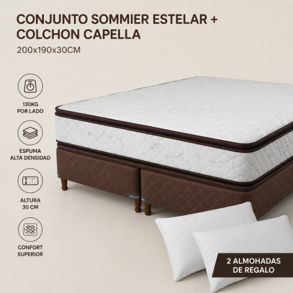 Producto - CONJUNTO SOMMIER ESTELAR + COLCHON CAPELLA  200x190x30CM + 2 ALMOHADAS DE REGALO