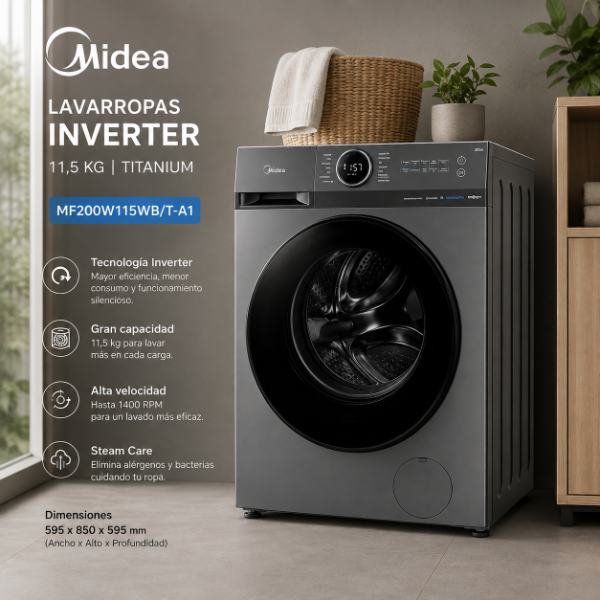 Producto - MIDEA LUNAR INVERTER 11,5 kg Titanium WiFi MF200115WB/T-A1