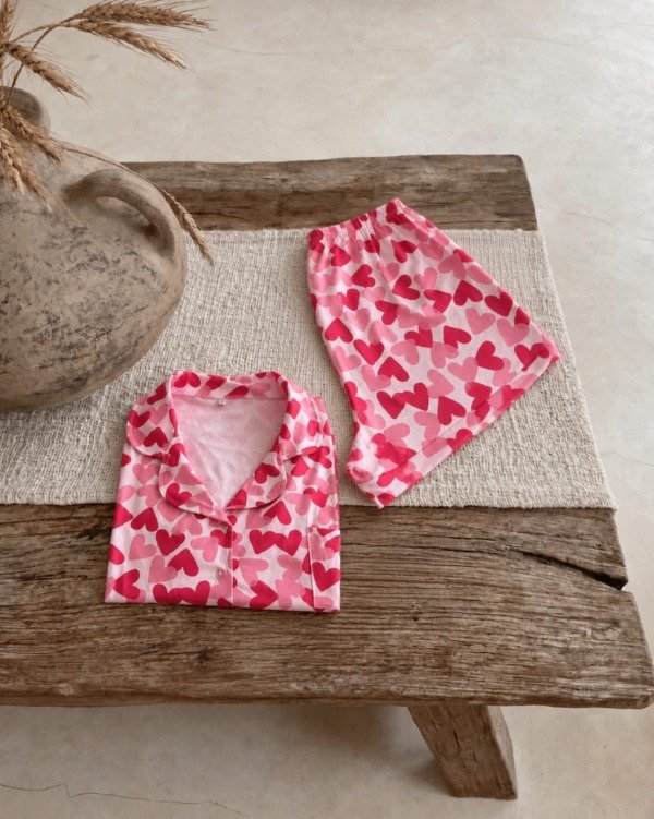Producto - Pijama camisero corto - Blanco con corazones rosas - 0