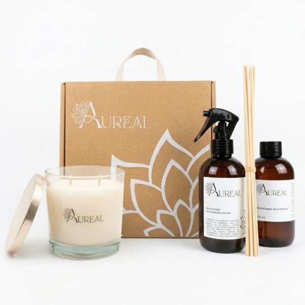 Producto - Set Completo. Vela, Difusor, Aromatizador y Caja bolsa.