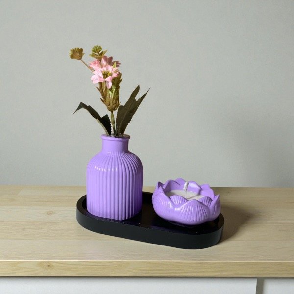 Producto - COMBO #13 Bandeja ovalada 18cm +Florero +Flor de loto con vela de soja arómatica